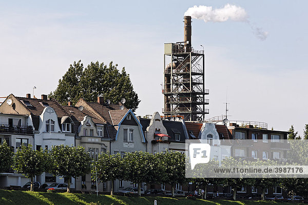 Beautiful old villas along the Rhine front in the back the smoking chimney of the Sachtleben-Chemie factory Duisburg-Homberg Ruhrgebiet area North Rhine-Westphalia Germany Europe