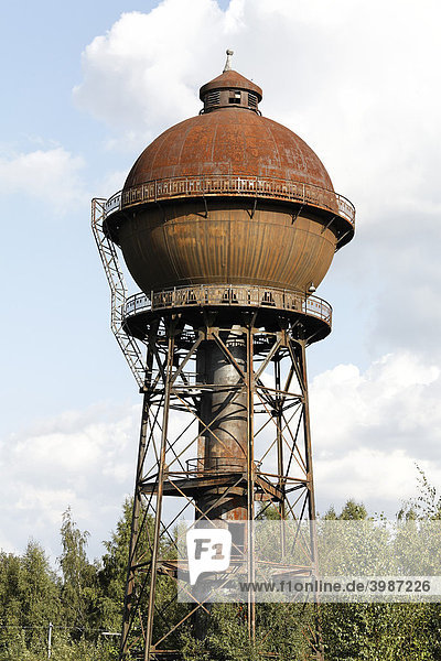 Historic Water Tower South spherical water tank on a rusty steel frame abandoned shunting yard Duisburg-Wedau Ruhr area North Rhine-Westphalia Germany Europe