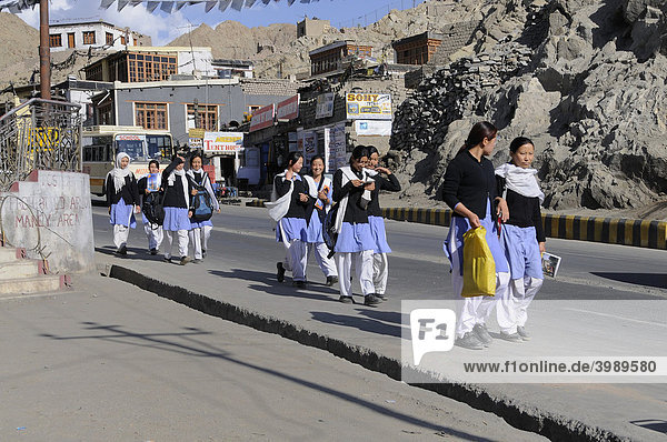 Schülerinnen in Schuluniform kommen aus der Schule  Leh  Ladakh  Indien  Himalaja  Asien