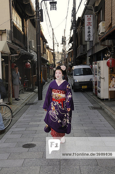 Maiko  Geisha Anwärterin  in einer traditionellen Straße im Gion-Viertel  Kyoto  Japan  Asien