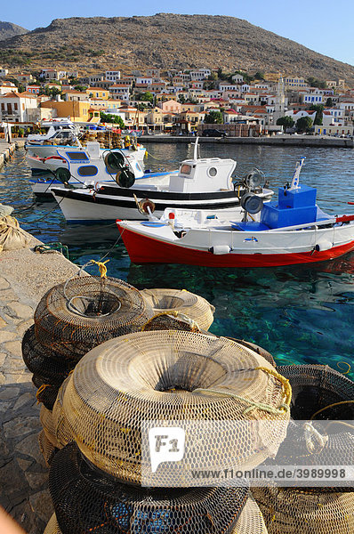 Fishing traps at the port of Emborio  Chalki Island  Dodecanese  Greece  Europe