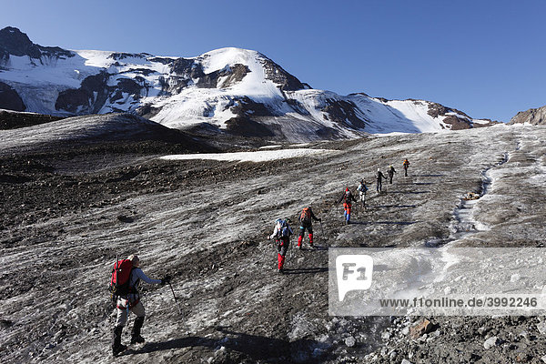 Weißseespitze Bergsteiger-Gruppe auf Gletscher Weißseeferner Kaunertal Ötztaler Alpen Tirol Österreich Europa