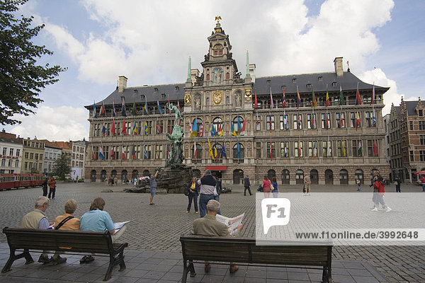 Grote Markt with Brabo Fountain and Stadhuis or City Hall  Antwerp  Belgium
