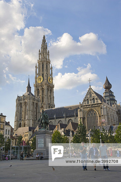 Groenplaats with Rubens statue and Cathedral of Our lady  Antwerp  Belgium