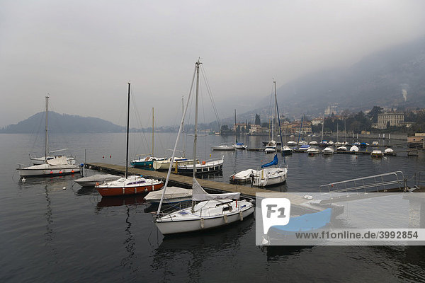 Liegeplatz mit Booten im Winter  Comer See  Tremezzo  Lombardei  Italien  Europa