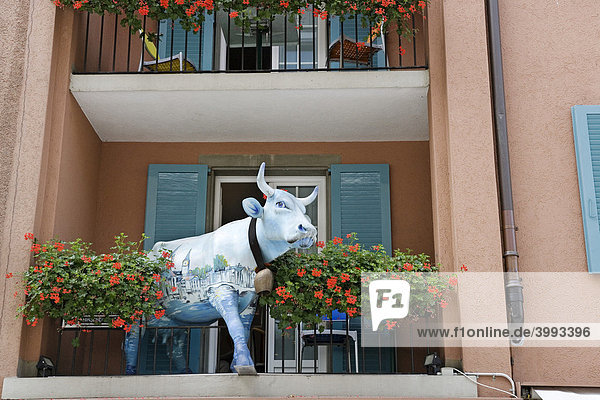 Painted plastic cow on a balcony with geraniums  Zurich  Switzerland  Europe