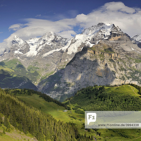 Blick hinab zum Allmendhubel zu den Berner Alpen mit Eiger  Mönch und Jungfrau  Kanton Bern  Schweiz  Europa
