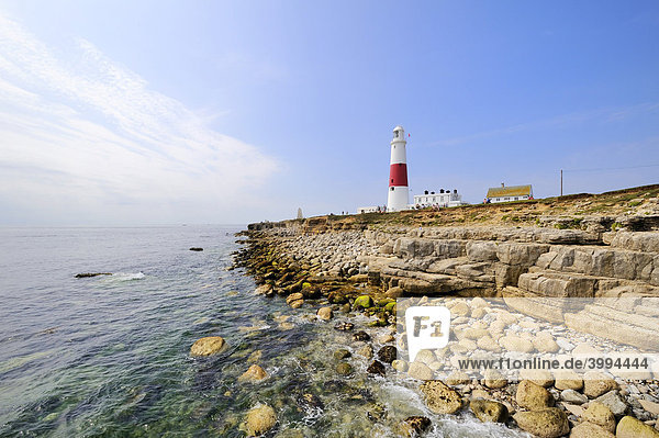 Coastal scenery on the Isle of Portland with the Portland Bill Lighthouse  Dorset  England  UK  Europe
