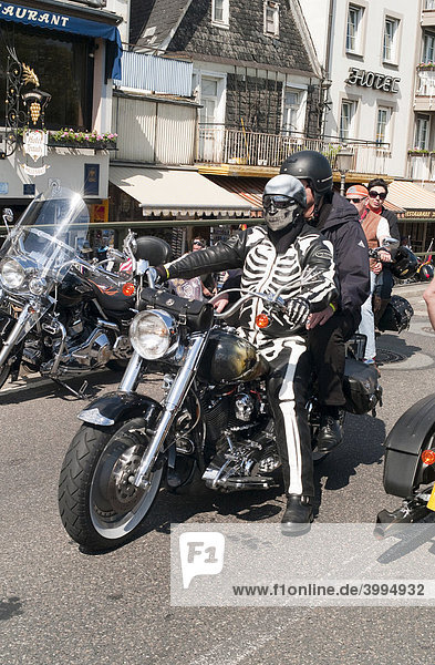 Harley Davidson event  biker in a skeletal suit  Ruedesheim  Hesse  Germany  Europe