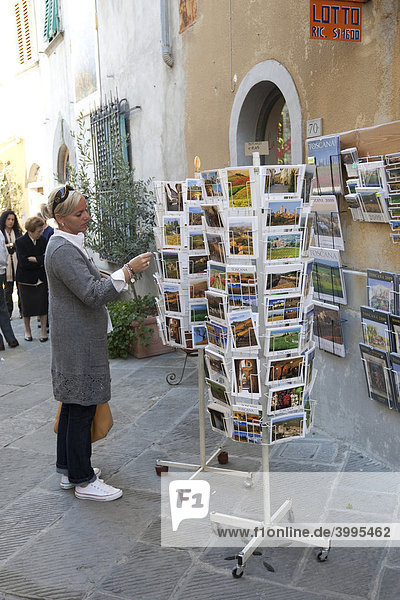 Frau sucht Postkarten aus  Castellina in Chianti  Provinz Siena  Toskana  Italien  Europa