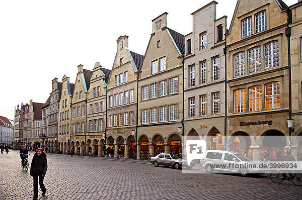 Shopping street with old  gabled houses  Muenster  Westphalia  Germany  Europe