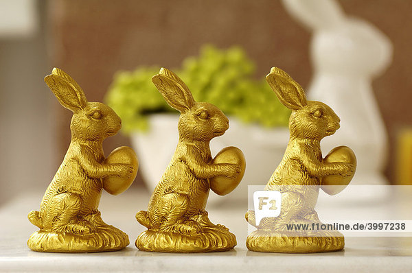 Easter decoration  three golden Easter bunny figurines  Villa Ambiente  Nuremberg  Middle Franconia  Bavaria  Germany  Europe