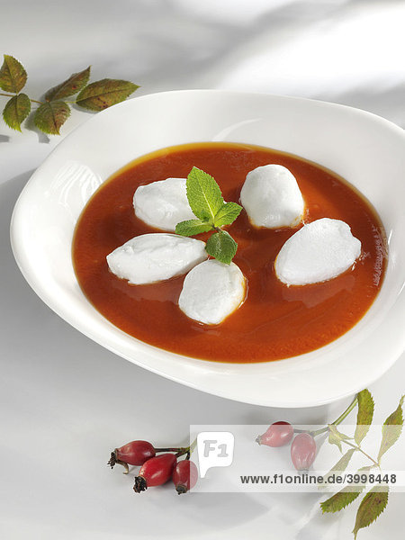 Rosehip soup with snow dumplings and basil in a soup bowl  whole rosehips on a branch with leaves