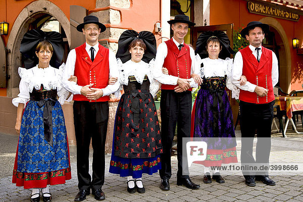 Folk dancing in the street of Ribeauville  Alsace  France
