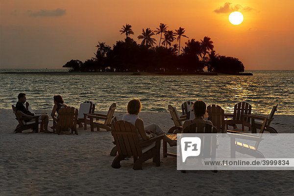People are sitting on chairs at the beach with long drinks in front of a golden sundown  Maldive island  Rihiveli  Island  Maldives  South Male Atoll  Archipelago  Indian Ocean  Asia