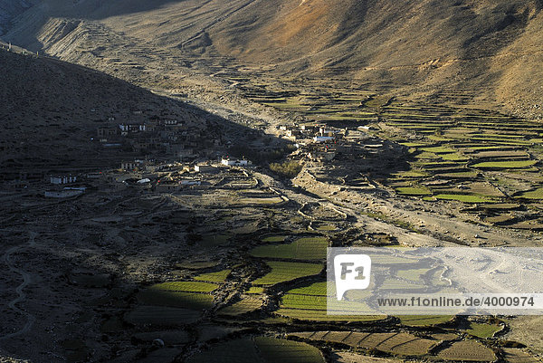 Tibetisches Dorf Pengyeling mit Terassenfeldern und traditionellen Bauernhäusern an kleinem Flusslauf bei Nyalam  Tibet  China  Asien