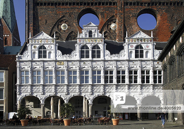 Renaissance facade of the town hall on the market square  Hanseatic City of Luebeck  Schleswig-Holstein  Germany  Europe