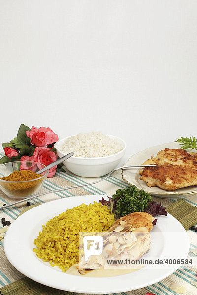 Hähnchenbrustfilet  Mandel-Sahnesoße  Curryreis - Rezeptdatei vorhanden