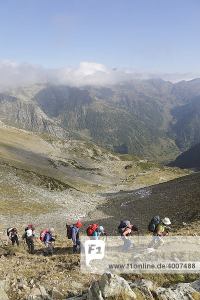 Hikers  climbers  group  CAI  Club Alpino Italiano  Carcofero  Piedmont  Italy  Europe