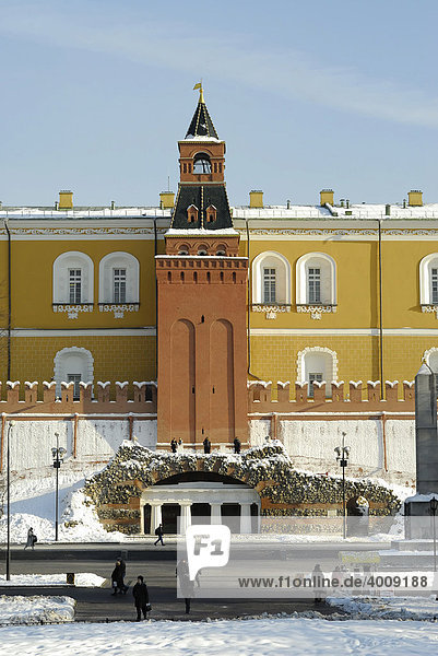 View of the Kremlin wall from the Alexander Garden side  Moscow  Russia