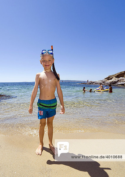 6-year-old boy with a snorkel and diving goggles  on Sa Caletta beach  Portoscuso  Sardinia  southwest coast  Italy  Europe
