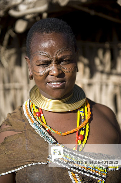 Portrait of a woman of the Datooga tribe  who live in the north of Tanzania around Lake Eyassi  Africa