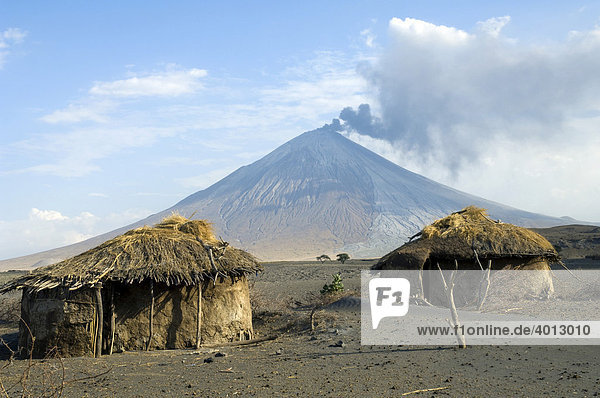 Abandoned Maasai huts  eruption of Ol Doinyo Lengai volcano in 2007  northern Tanzania  Africa
