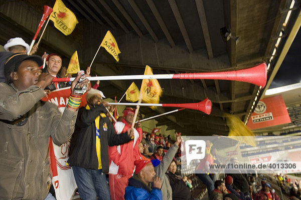 Football fans with Vuvuzela stadium horns  Newlands Stadium  Cape Town  South Africa