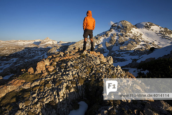 Bergsteiger blickt über das Steinerne Meer  Salzburg  Österreich  Europa