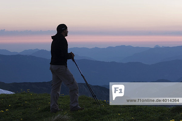 Hiker looking at mountains after sunset  Rofan Range  North Tyrol  Austria  Europe