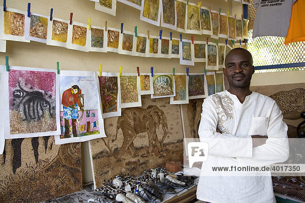 The artist Zacharia is selling his works on a handicraft market  Livingstone  Southern Province  Republic of Zambia  Africa