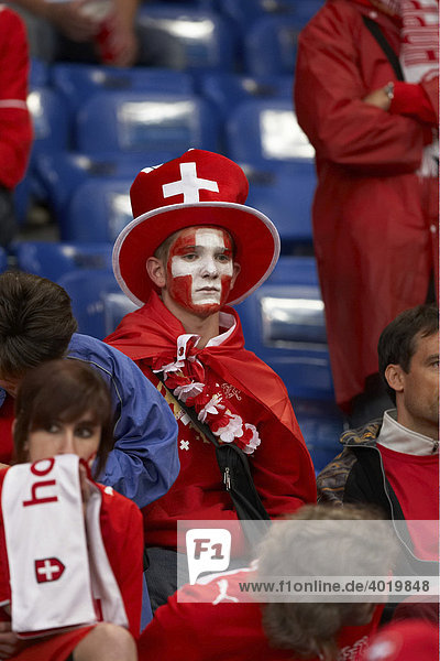 Disappointed Swiss football fan after the 0:1 defeat  opening game UEFA EURO 08  Switzerland against Czech Republic in St. Jakob Park  Basel  Switzerland  Europe