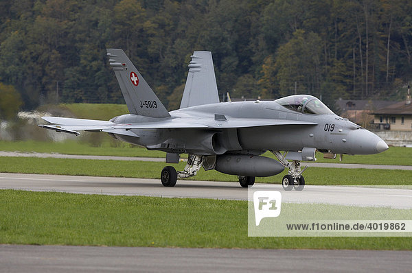 Hornet FA-18 of the Swiss air force on the Unterbach Airport  Meiringen  Switzerland