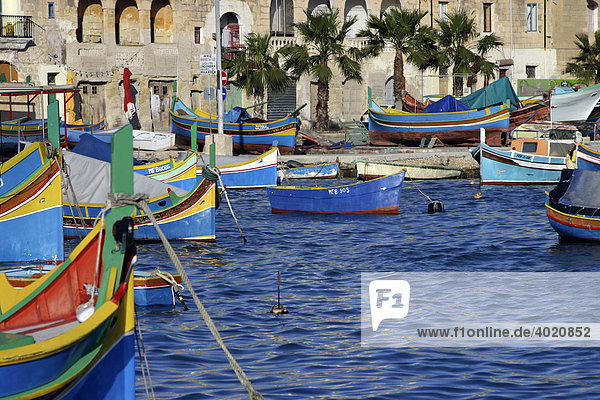 Bunte  traditionelle Fischerboote im Hafen von Marsaxlokk  Malta  Europa
