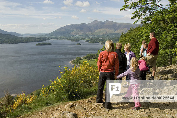 Family standing at a lookout point  Surprise View  Derwent Water  Derwentwater  Lake District  Cumbria  Northern England  Great Britain  Europe