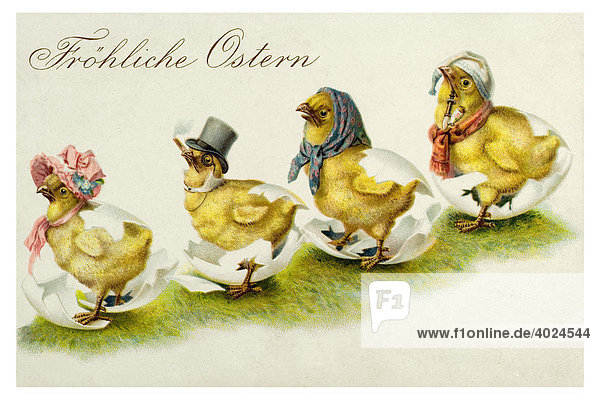 Historische Ostergrußkarte  Fröhliche Ostern  vier Osterküken mit Hut
