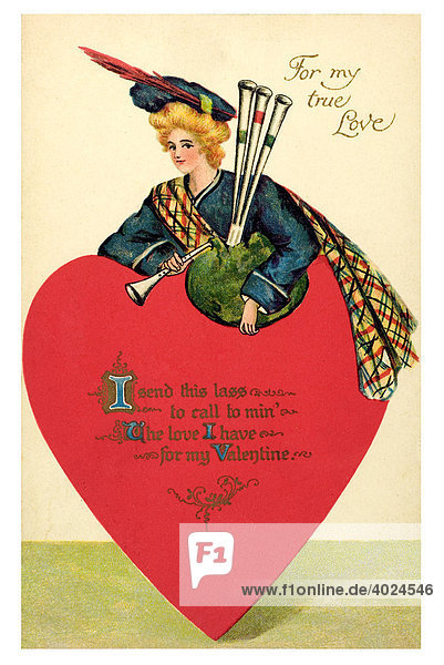 Historische Valentinsgrußkarte  For my true love  Schottin  Dudelsack  Herz