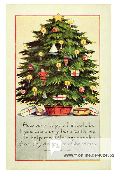 Historical Christmas greetings card  Christmas tree and English poem