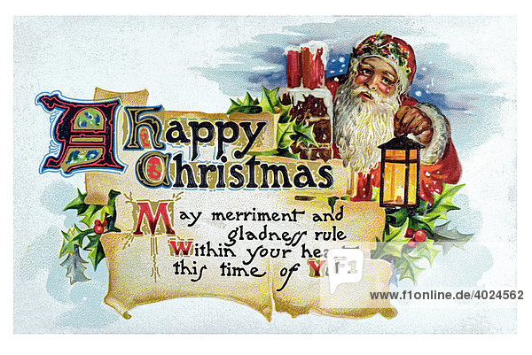 Historische englische Weihnachtskarte  Weihnachtsmann  A happy Christmas