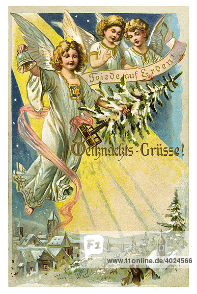 Historische Weihnachtskarte  schwebende Engel  Friede auf Erden  Weihnachts-Grüsse