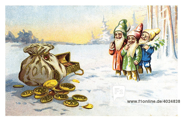 Historical New Year greetings card three dwarves money bag treasure forest