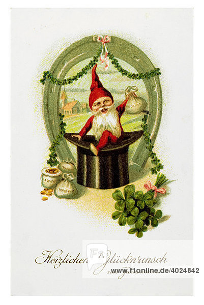 Historical New Year greetings card dwarf horseshoe money bags top hat cloverleaves Herzlichen Glueckwunsch zum Jahreswechsel All the best for the new year