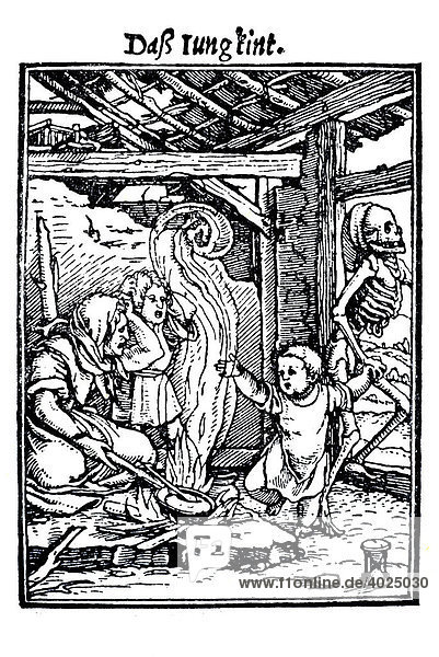 Holzschnitt  Das junge Kind  Hans Holbein der Jüngere  Totentanz  1538