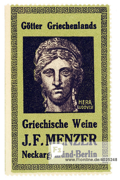 Reklamemarke  Götter Griechenlands  Griechische Weine J. F. Menzer  Neckargemünd-Berlin  Hera Ludovisi