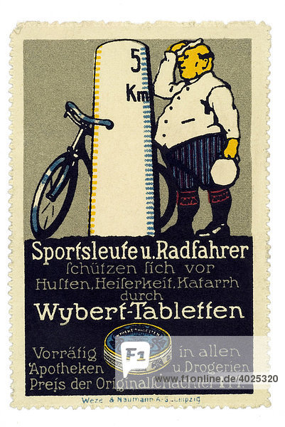 Reklamemarke  Sportsleute und Radfahrer schützen sich vor Husten  Heiserkeit  Katarrh durch Wybert-Tabletten. Vorrätig in allen Apotheken u Drogerien. Preis der Originalschachtel 1 M