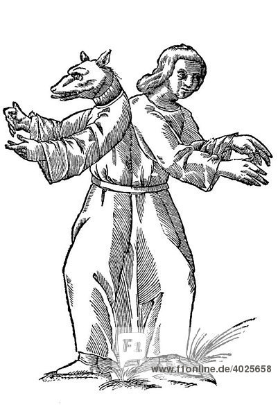 Holzschnitt  Monstrum bicorpor aliud caninum et humanum  Monster mit zwei Körpern  Hund und Mensch zusammengewachsen  Aldrovandi  Historia Monstrorum  1642  Renaissance