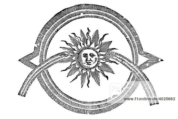 Holzschnitt  Halo cum parelijs  Sonnensymbol mit Gesicht  Aldrovandi  Historia Monstrorum  1642  Renaissance
