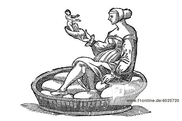 Holzschnitt  Icon mulieris Selenetidis  Schwangere auf Korb mit Eiern hält ein Ei aus dem ein Kind schlüpft  aus: Aldrovandi  Historia Monstrorum 1642  17. Jh  Renaissance