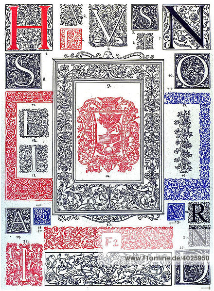 Historische Illustration  französische Ornamente  Bücherornamentik  Butsh  Buhornamentik der Renaissance