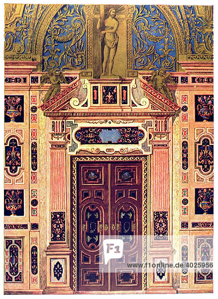 Historische Illustration  deutsche Ornamente  kirchliche Wanddekoration  Ansicht der nördlichen Wand mit Türe der reichen Kapelle in der Königl. Residenz zu München  Bayern  Deutschland  Europa